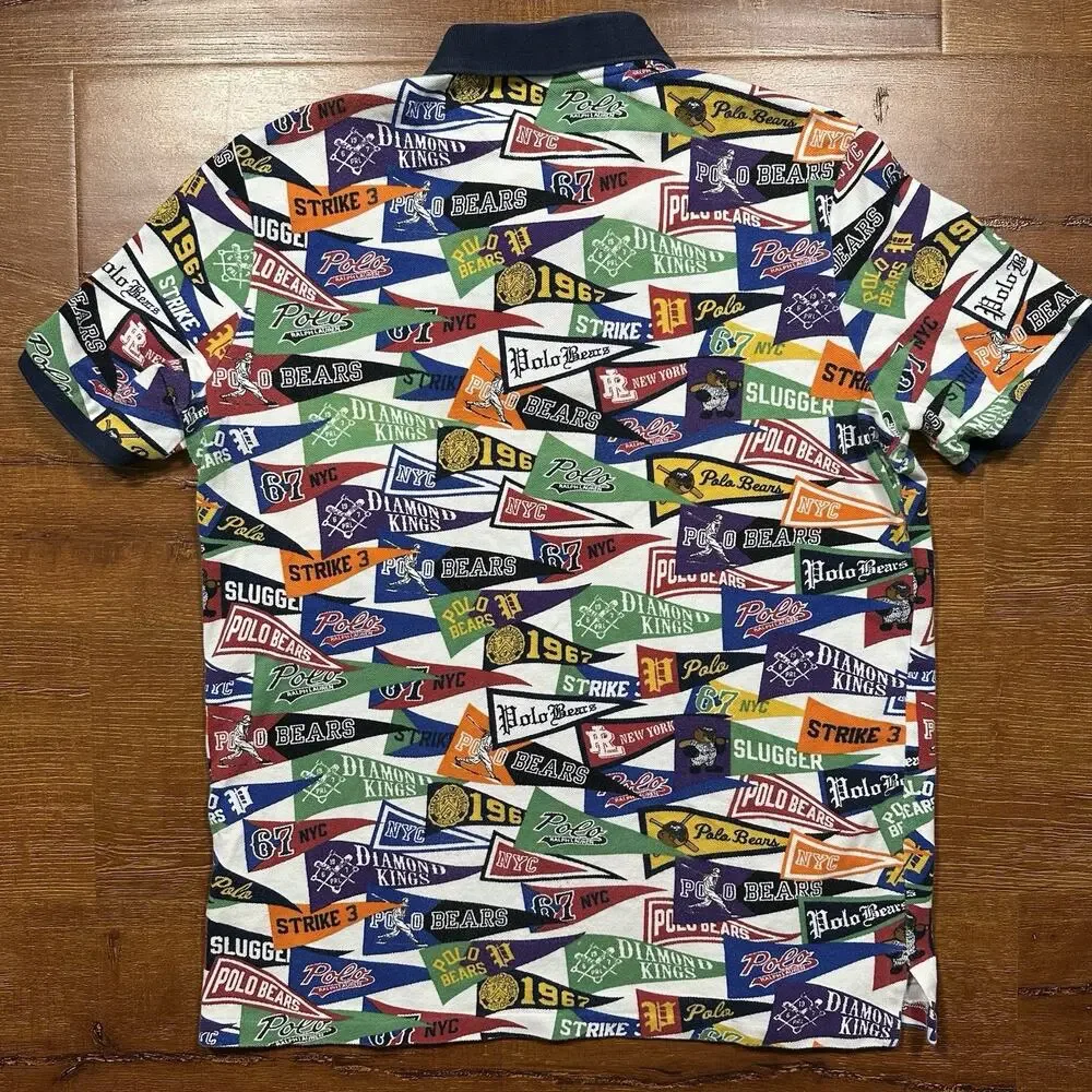 Ralph Lauren Pennant Flag Polo Shirt Mens M All Over Print AOP Baseball Bear